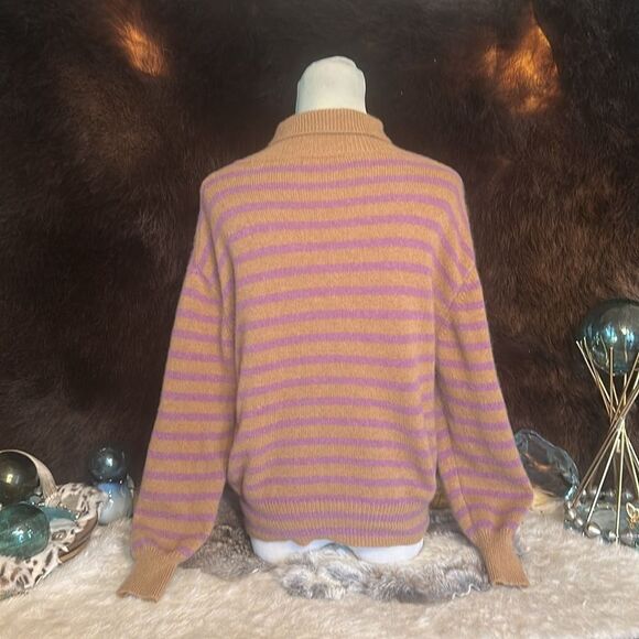Demylee Cashmere Striped Purple and Tan Turtleneck Sweater M (6022A) - Picture 3 of 5